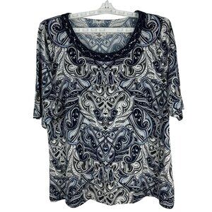 Rockmans Womens Paisley Print Top With Embellished Neckline Size Large
